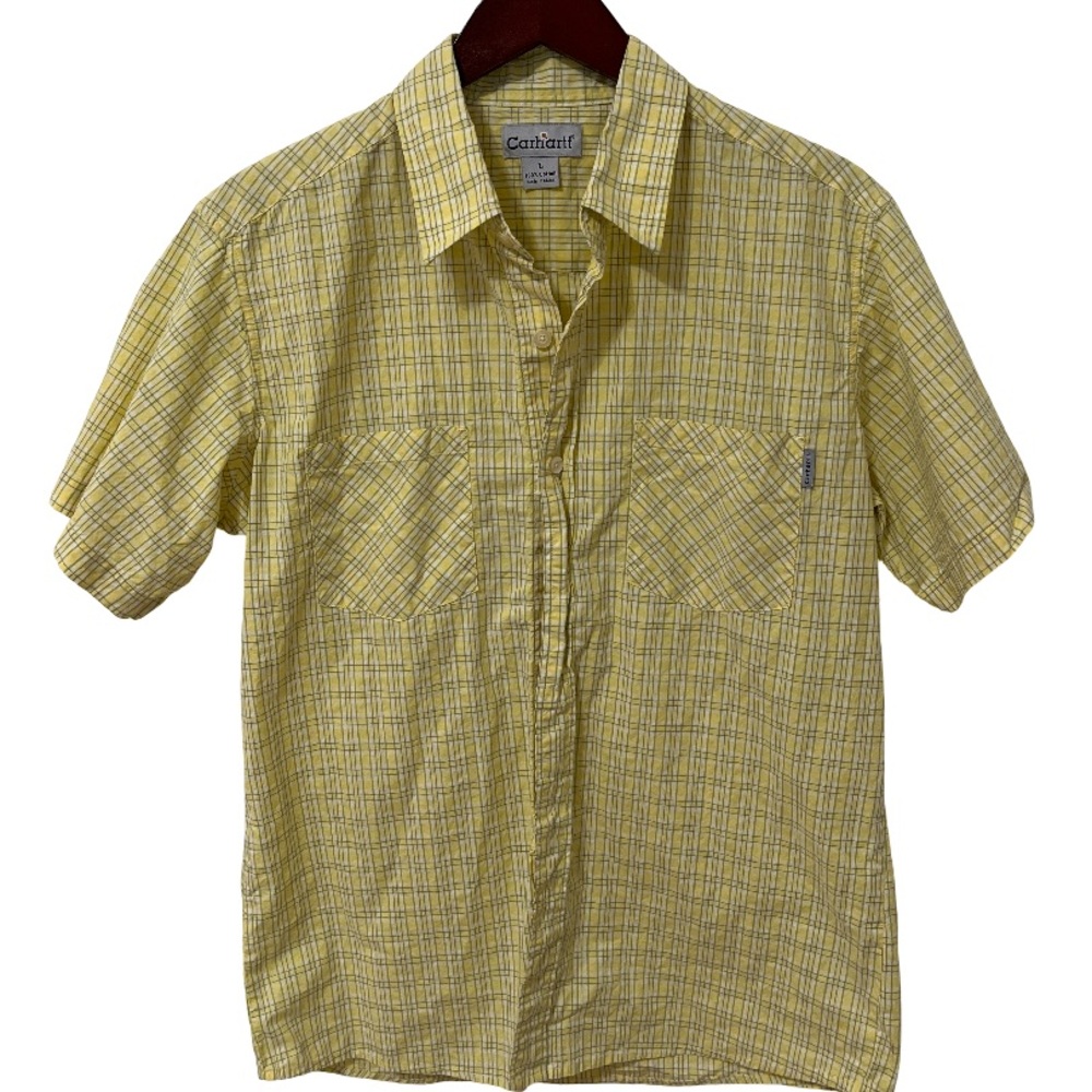 Carhartt Men’s  Large Yellow Plaid Button-Up Collared Shirt Workwear Top GUC